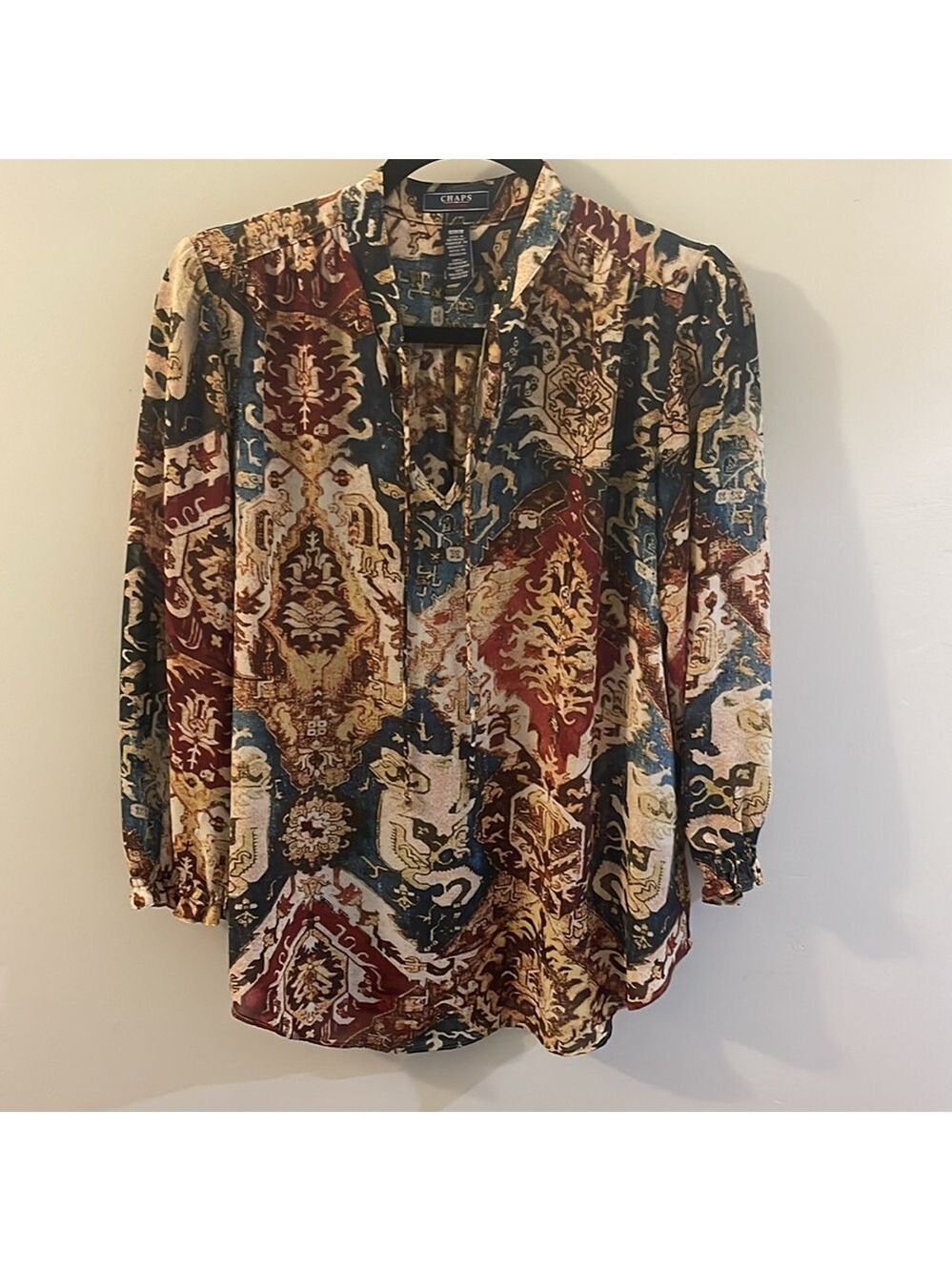 Chaps Denim Women's V-Neck Blouse Abstract Bohemian Print Long Sleeve Multicolor